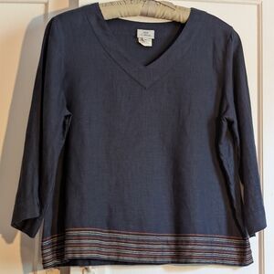 Hot Cotton Navy V-Neck Top with Multi Colored Stitching At Hem, M, 100% Linen
